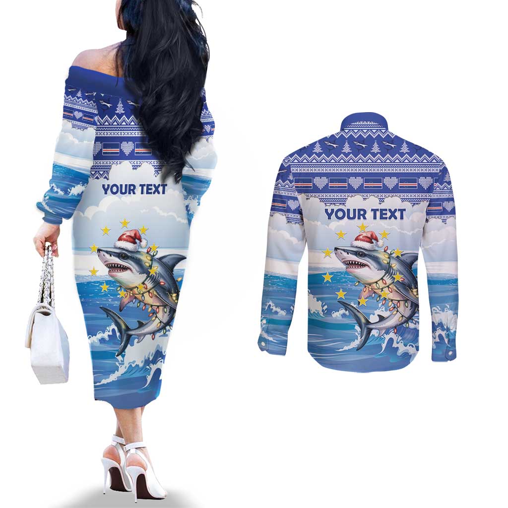 Personalized Cape Verde Football Christmas Couples Matching Off The Shoulder Long Sleeve Dress and Long Sleeve Button Shirt Feliz Natal Tubaroes Azuis - Wonder Print Shop