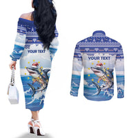 Personalized Cape Verde Football Christmas Couples Matching Off The Shoulder Long Sleeve Dress and Long Sleeve Button Shirt Feliz Natal Tubaroes Azuis - Wonder Print Shop