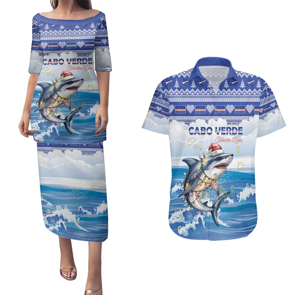 Personalized Cape Verde Football Christmas Couples Matching Puletasi and Hawaiian Shirt Feliz Natal Tubaroes Azuis - Wonder Print Shop