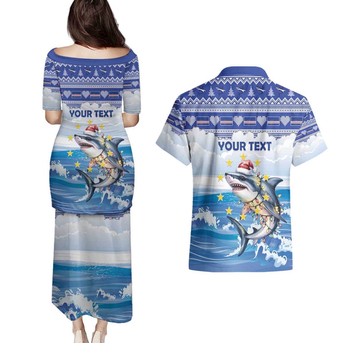 Personalized Cape Verde Football Christmas Couples Matching Puletasi and Hawaiian Shirt Feliz Natal Tubaroes Azuis - Wonder Print Shop