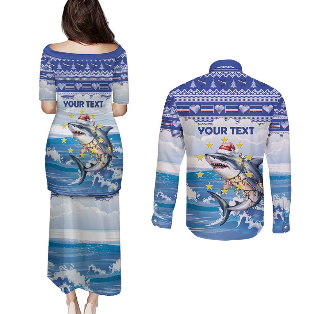 Personalized Cape Verde Football Christmas Couples Matching Puletasi and Long Sleeve Button Shirt Feliz Natal Tubaroes Azuis - Wonder Print Shop