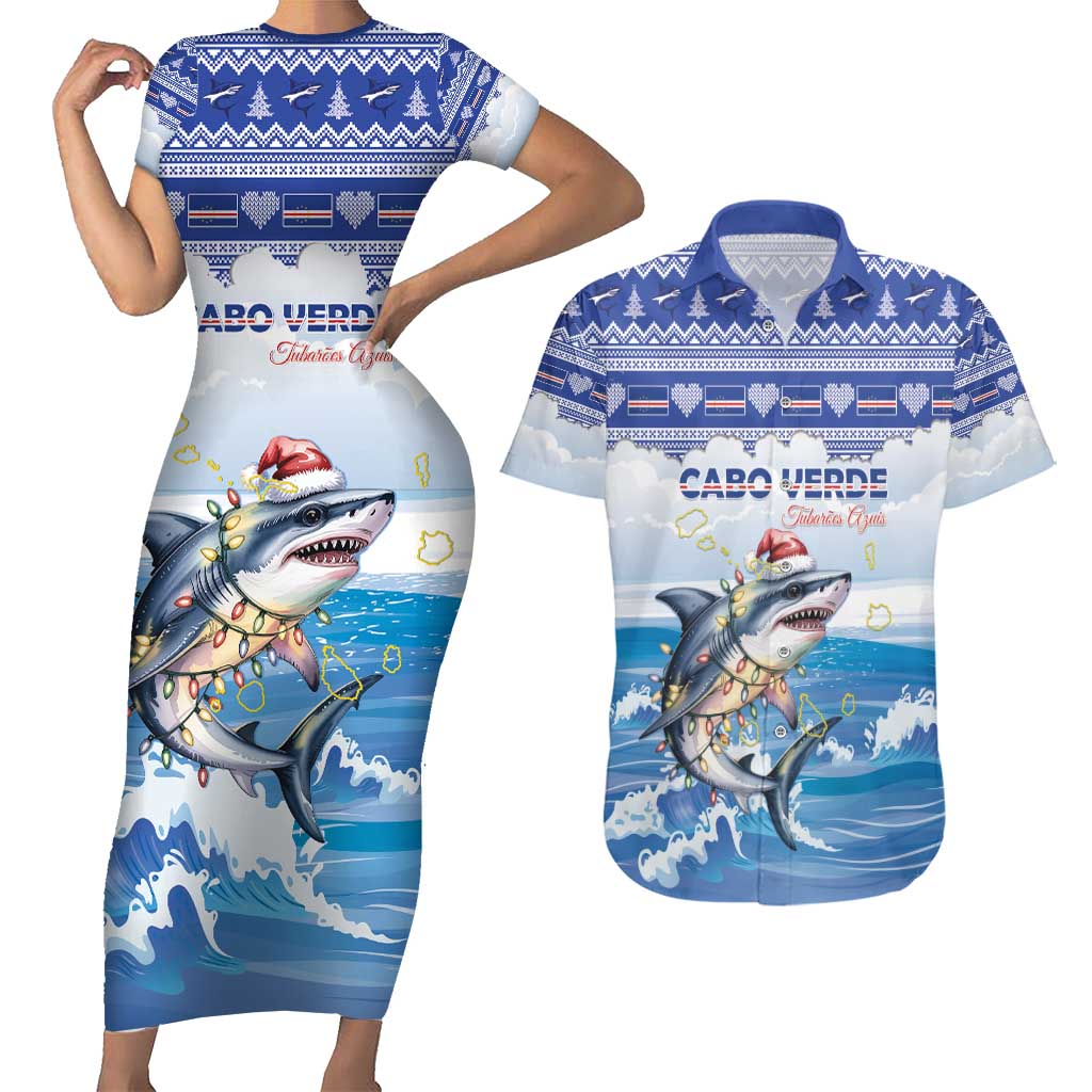 Personalized Cape Verde Football Christmas Couples Matching Short Sleeve Bodycon Dress and Hawaiian Shirt Feliz Natal Tubaroes Azuis - Wonder Print Shop
