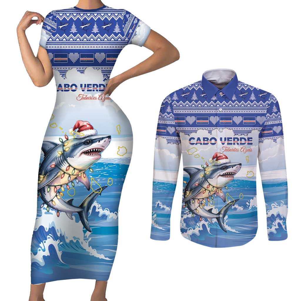 Personalized Cape Verde Football Christmas Couples Matching Short Sleeve Bodycon Dress and Long Sleeve Button Shirt Feliz Natal Tubaroes Azuis - Wonder Print Shop