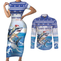 Personalized Cape Verde Football Christmas Couples Matching Short Sleeve Bodycon Dress and Long Sleeve Button Shirt Feliz Natal Tubaroes Azuis - Wonder Print Shop