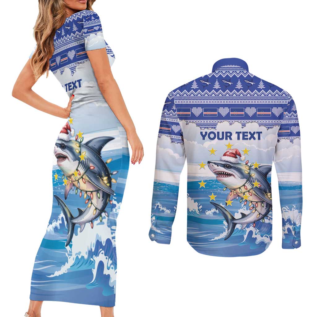Personalized Cape Verde Football Christmas Couples Matching Short Sleeve Bodycon Dress and Long Sleeve Button Shirt Feliz Natal Tubaroes Azuis - Wonder Print Shop