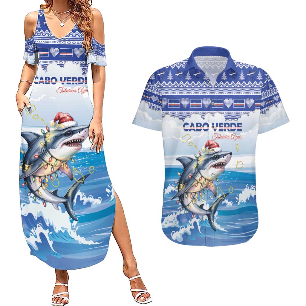 Personalized Cape Verde Football Christmas Couples Matching Summer Maxi Dress and Hawaiian Shirt Feliz Natal Tubaroes Azuis - Wonder Print Shop