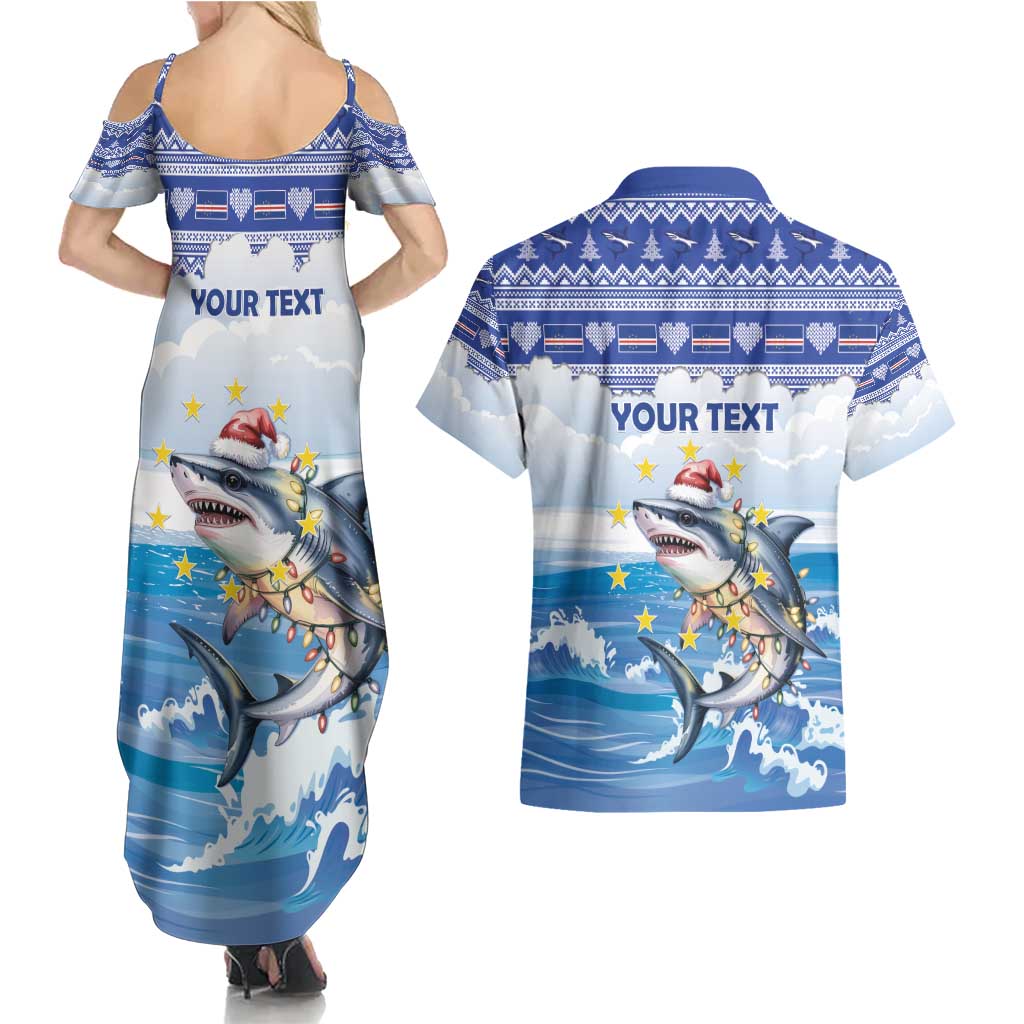 Personalized Cape Verde Football Christmas Couples Matching Summer Maxi Dress and Hawaiian Shirt Feliz Natal Tubaroes Azuis - Wonder Print Shop