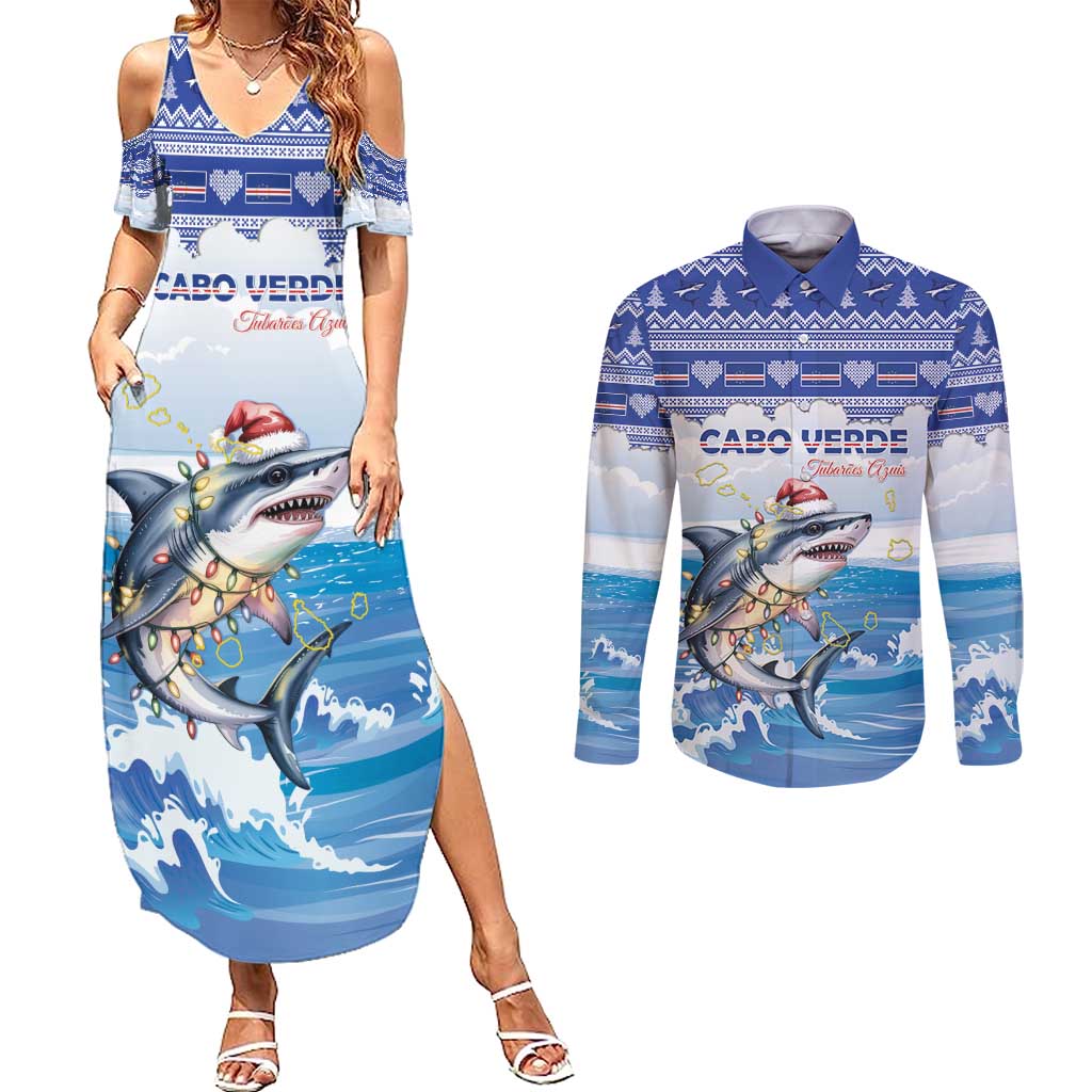 Personalized Cape Verde Football Christmas Couples Matching Summer Maxi Dress and Long Sleeve Button Shirt Feliz Natal Tubaroes Azuis - Wonder Print Shop