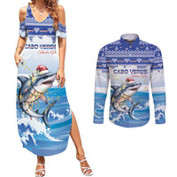 Personalized Cape Verde Football Christmas Couples Matching Summer Maxi Dress and Long Sleeve Button Shirt Feliz Natal Tubaroes Azuis - Wonder Print Shop