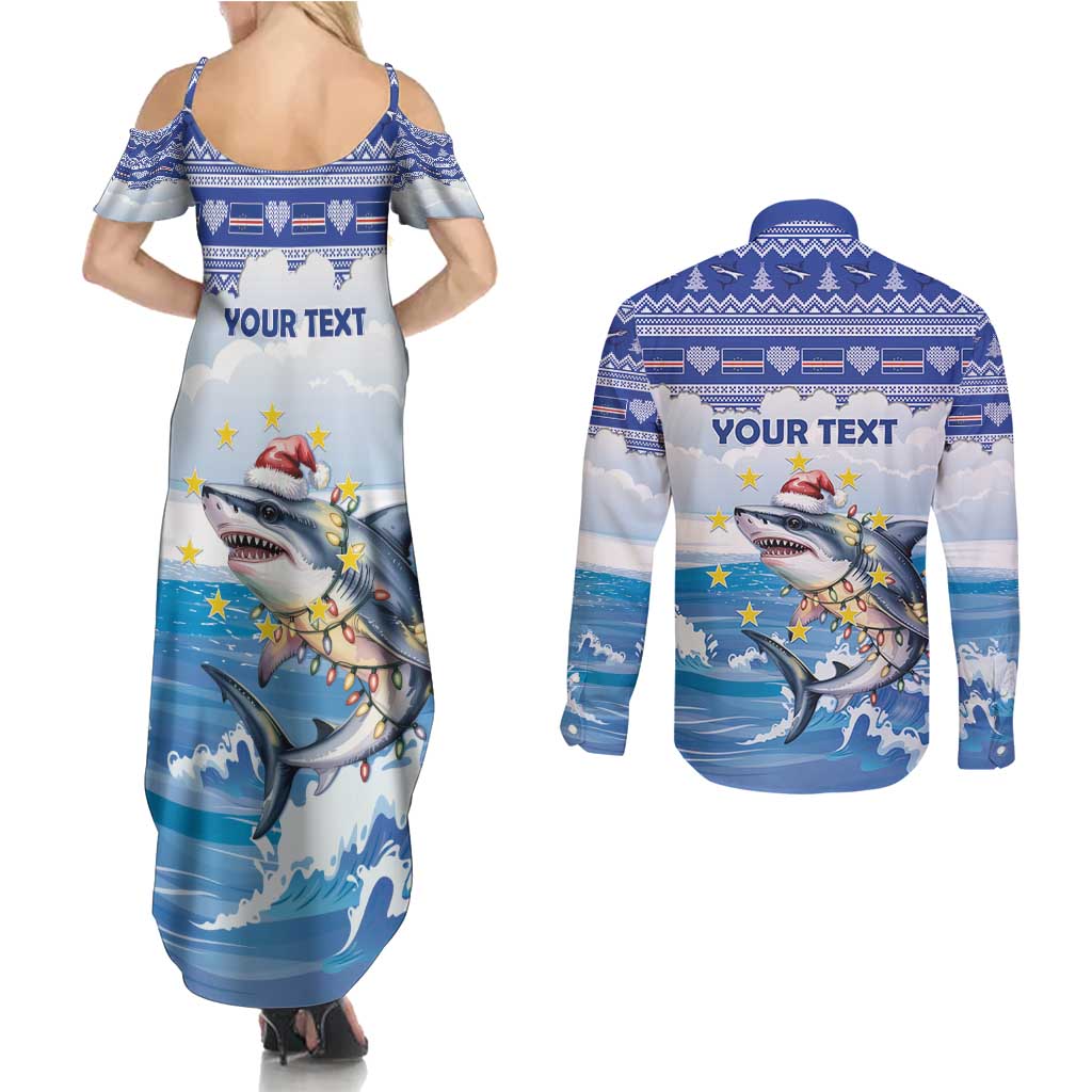 Personalized Cape Verde Football Christmas Couples Matching Summer Maxi Dress and Long Sleeve Button Shirt Feliz Natal Tubaroes Azuis - Wonder Print Shop