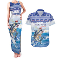 Personalized Cape Verde Football Christmas Couples Matching Tank Maxi Dress and Hawaiian Shirt Feliz Natal Tubaroes Azuis - Wonder Print Shop