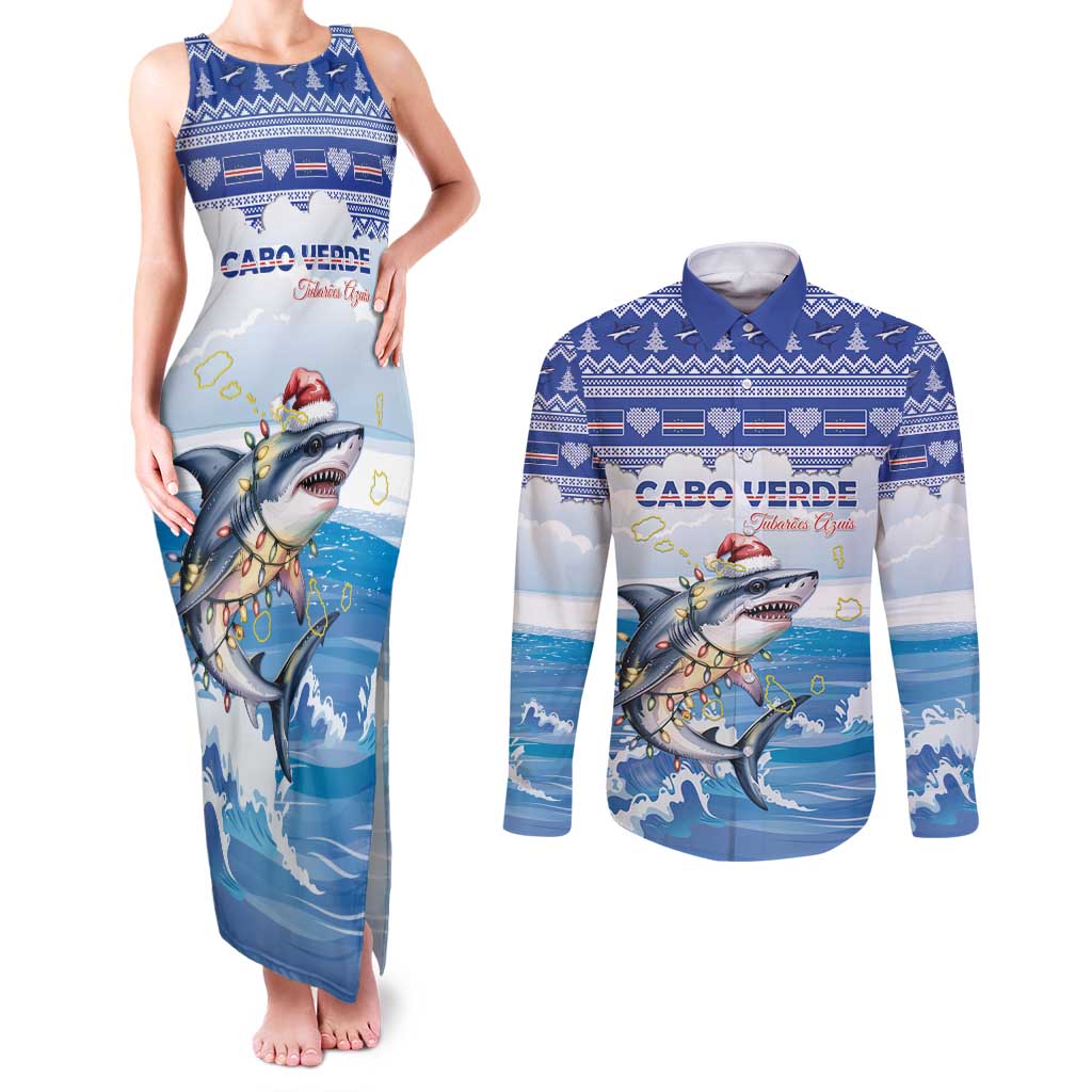 Personalized Cape Verde Football Christmas Couples Matching Tank Maxi Dress and Long Sleeve Button Shirt Feliz Natal Tubaroes Azuis - Wonder Print Shop