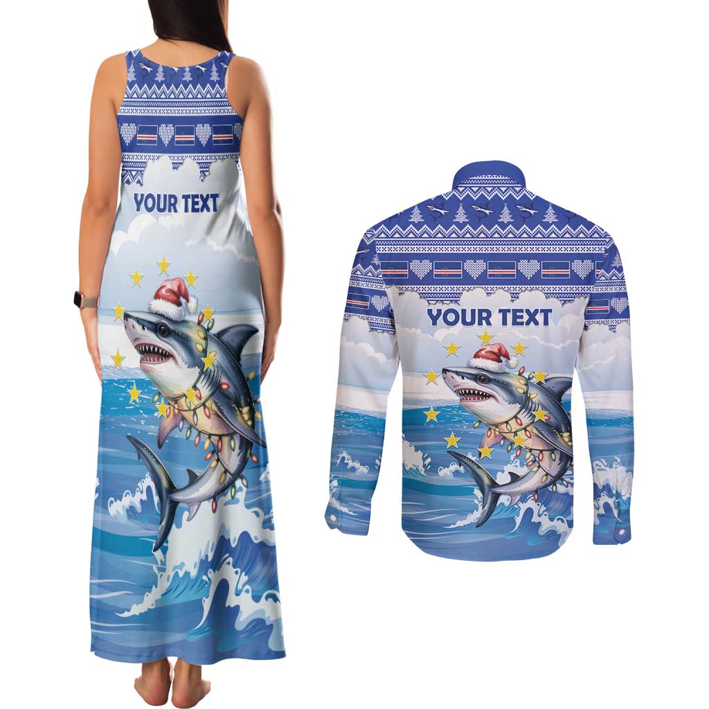 Personalized Cape Verde Football Christmas Couples Matching Tank Maxi Dress and Long Sleeve Button Shirt Feliz Natal Tubaroes Azuis - Wonder Print Shop