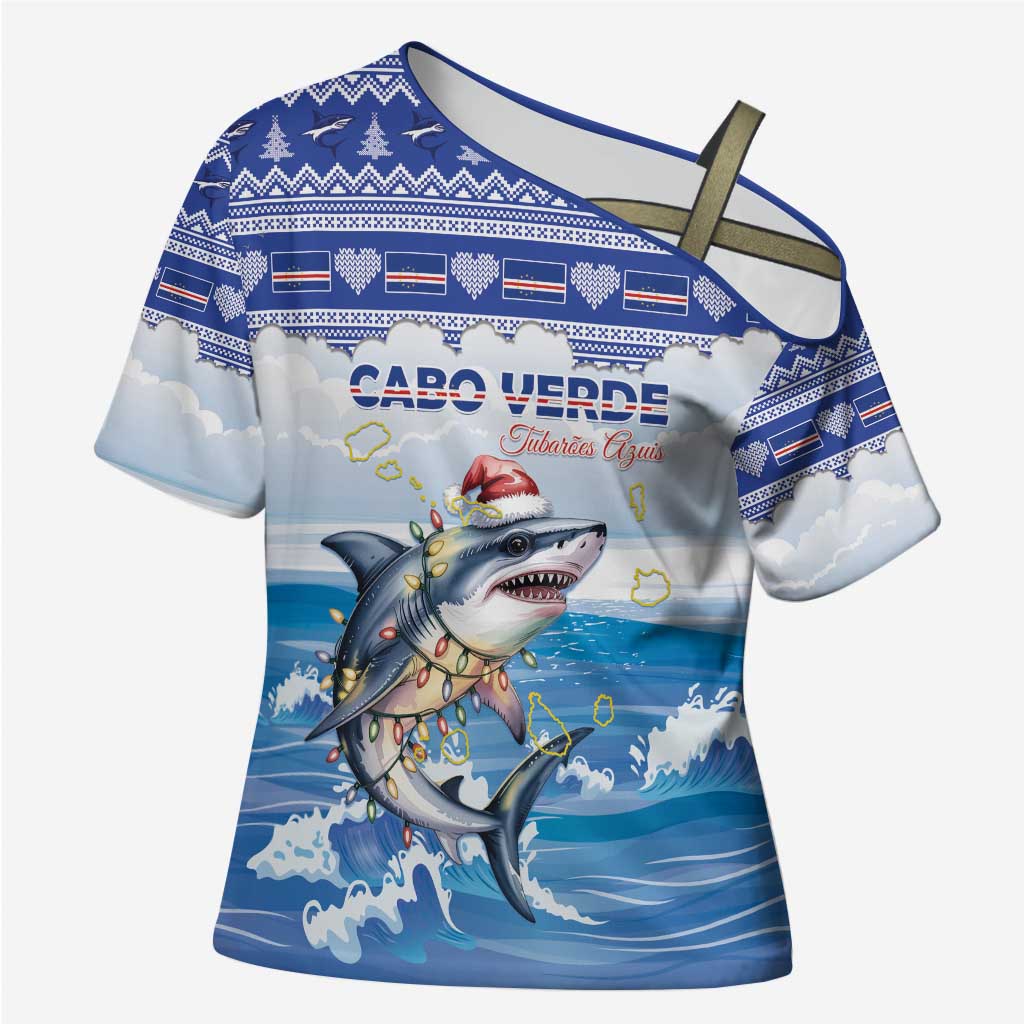 Personalized Cape Verde Football Christmas Cross Shoulder Shirt Feliz Natal Tubaroes Azuis - Wonder Print Shop