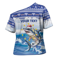 Personalized Cape Verde Football Christmas Cross Shoulder Shirt Feliz Natal Tubaroes Azuis - Wonder Print Shop