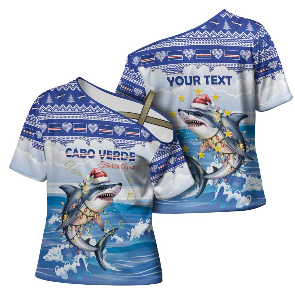 Personalized Cape Verde Football Christmas Cross Shoulder Shirt Feliz Natal Tubaroes Azuis - Wonder Print Shop