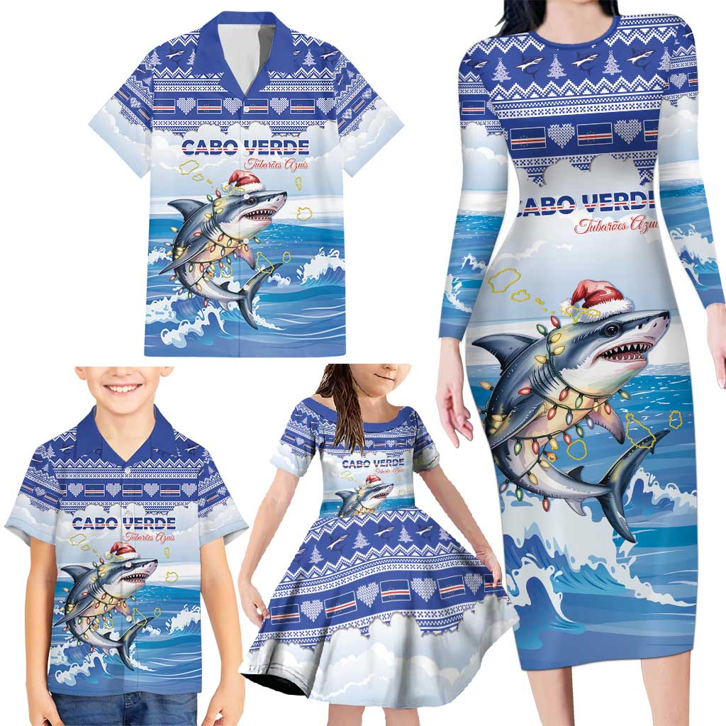 Personalized Cape Verde Football Christmas Family Matching Long Sleeve Bodycon Dress and Hawaiian Shirt Feliz Natal Tubaroes Azuis - Wonder Print Shop