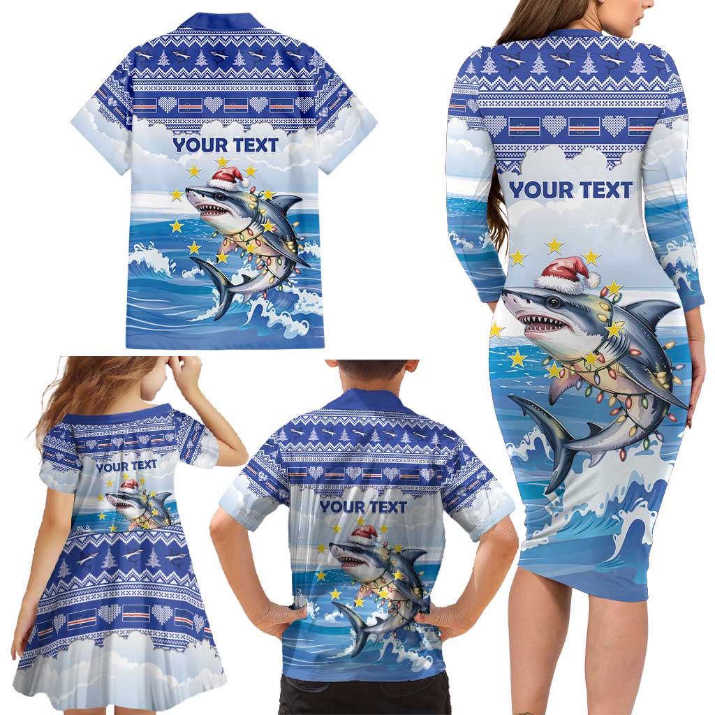 Personalized Cape Verde Football Christmas Family Matching Long Sleeve Bodycon Dress and Hawaiian Shirt Feliz Natal Tubaroes Azuis - Wonder Print Shop