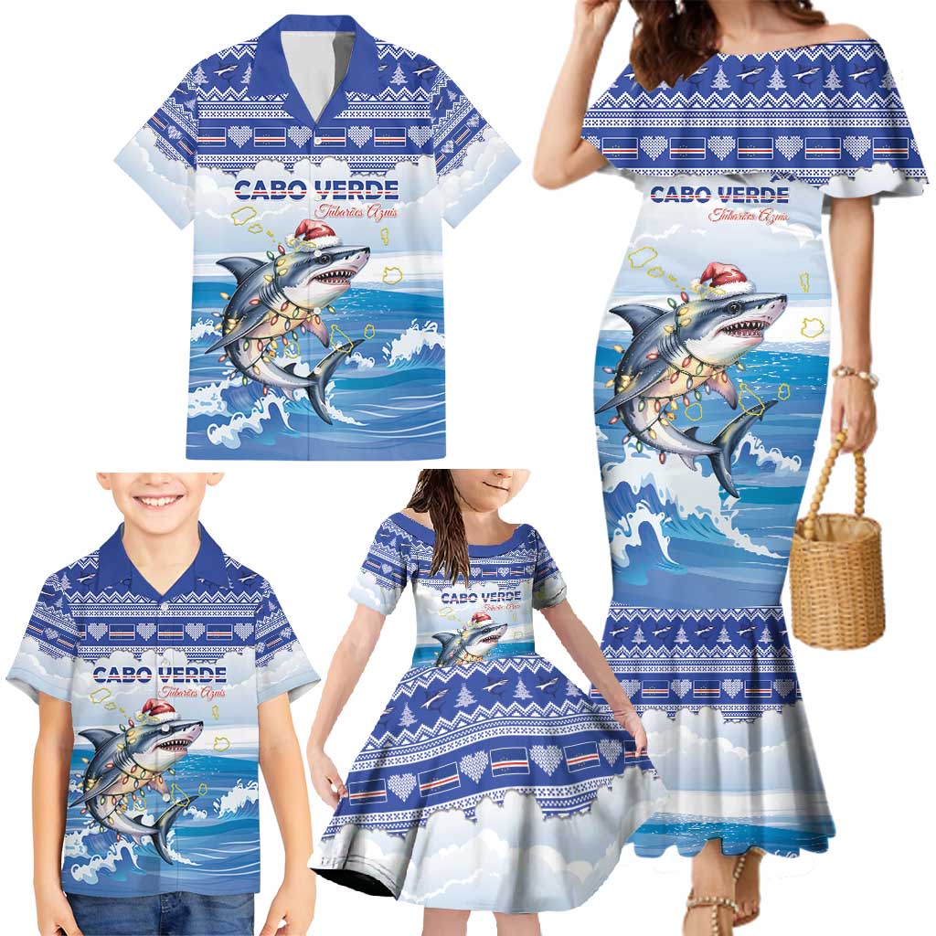 Personalized Cape Verde Football Christmas Family Matching Mermaid Dress and Hawaiian Shirt Feliz Natal Tubaroes Azuis - Wonder Print Shop