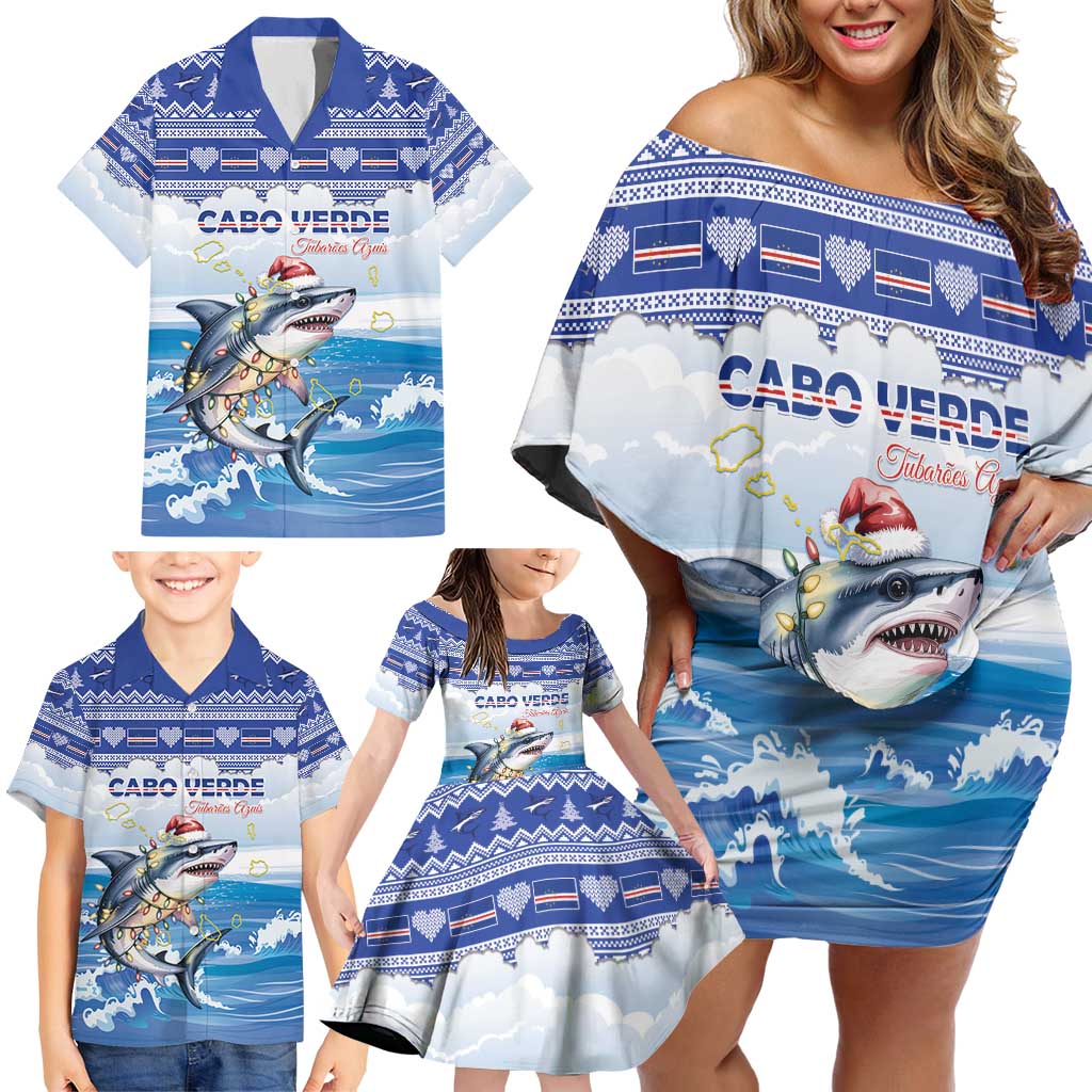 Personalized Cape Verde Football Christmas Family Matching Off Shoulder Short Dress and Hawaiian Shirt Feliz Natal Tubaroes Azuis - Wonder Print Shop