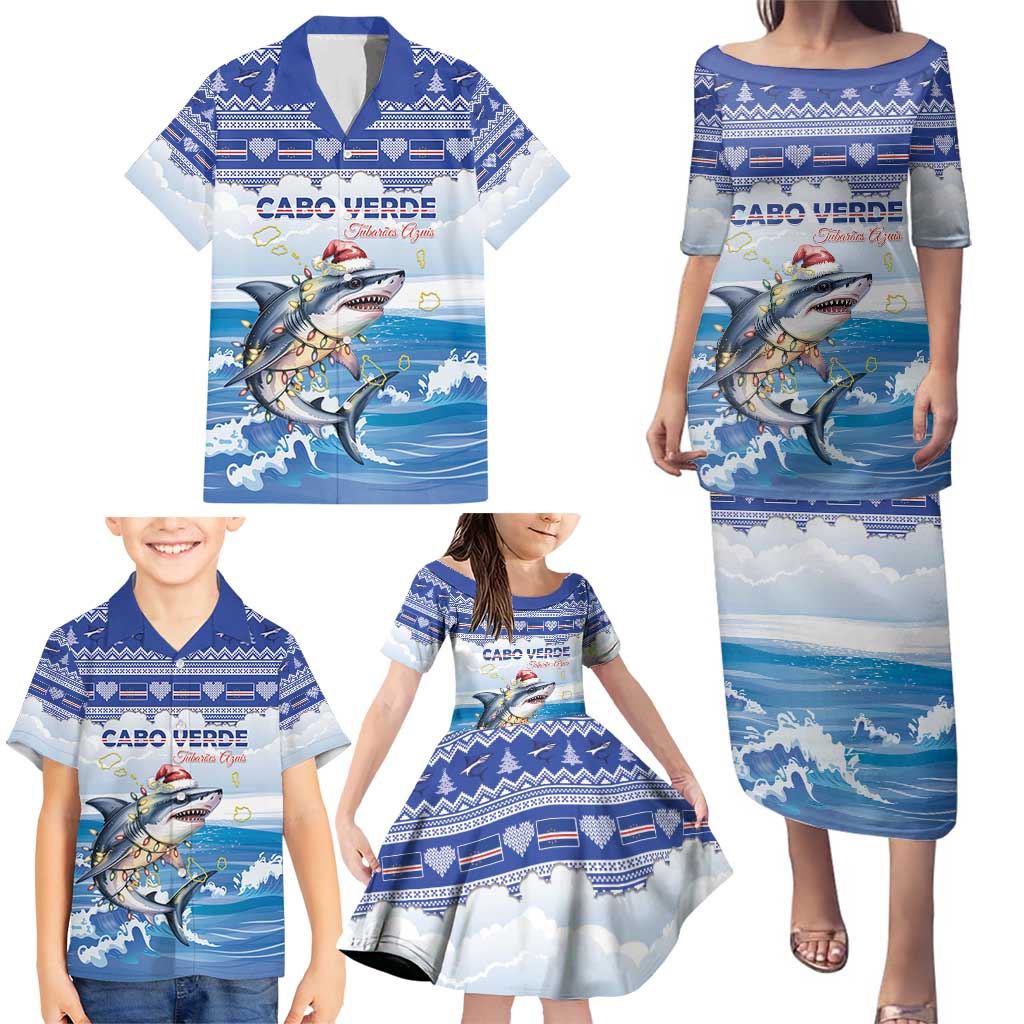 Personalized Cape Verde Football Christmas Family Matching Puletasi and Hawaiian Shirt Feliz Natal Tubaroes Azuis - Wonder Print Shop