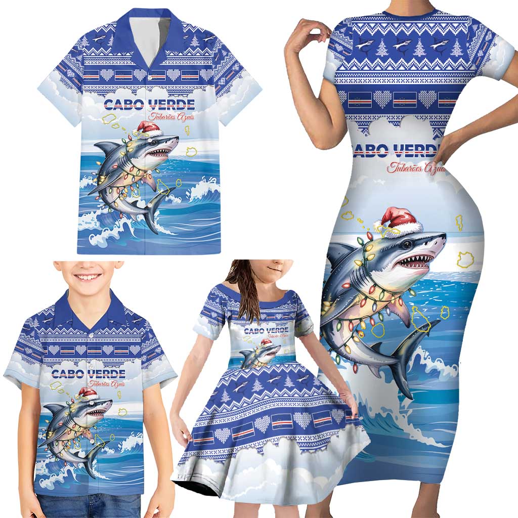 Personalized Cape Verde Football Christmas Family Matching Short Sleeve Bodycon Dress and Hawaiian Shirt Feliz Natal Tubaroes Azuis - Wonder Print Shop