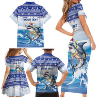 Personalized Cape Verde Football Christmas Family Matching Short Sleeve Bodycon Dress and Hawaiian Shirt Feliz Natal Tubaroes Azuis - Wonder Print Shop