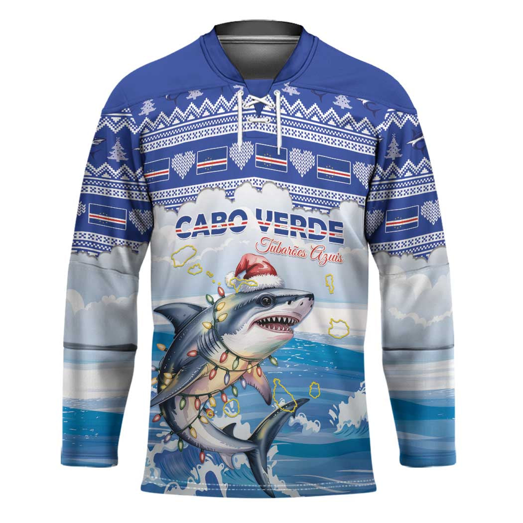Personalized Cape Verde Football Christmas Hockey Jersey Feliz Natal Tubaroes Azuis - Wonder Print Shop