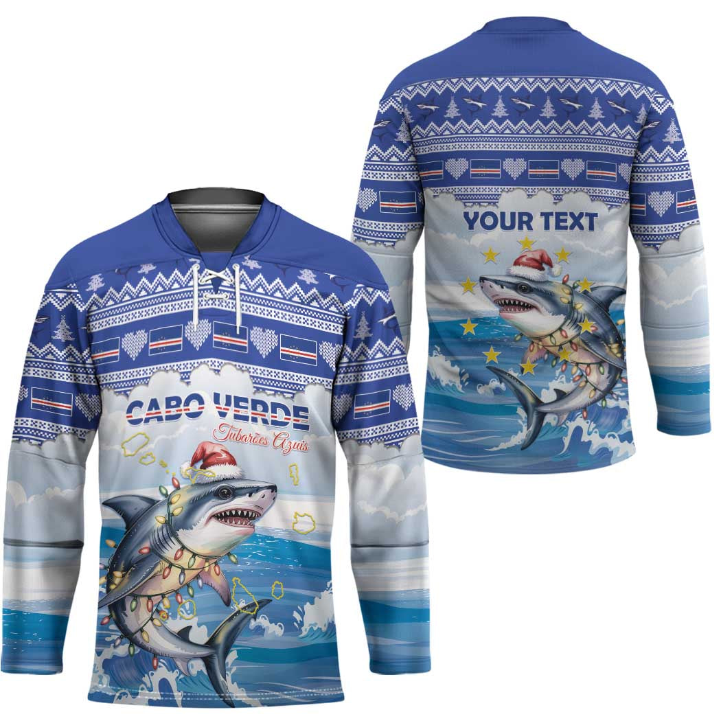 Personalized Cape Verde Football Christmas Hockey Jersey Feliz Natal Tubaroes Azuis - Wonder Print Shop