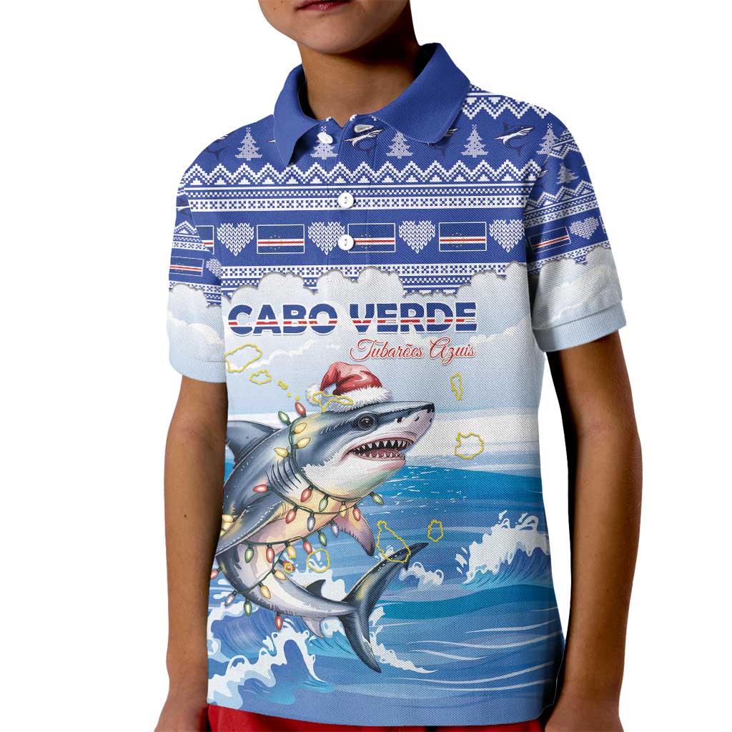 Personalized Cape Verde Football Christmas Kid Polo Shirt Feliz Natal Tubaroes Azuis - Wonder Print Shop