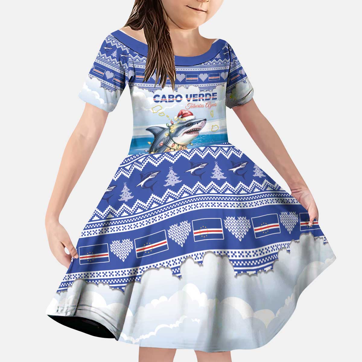 Personalized Cape Verde Football Christmas Kid Short Sleeve Dress Feliz Natal Tubaroes Azuis - Wonder Print Shop