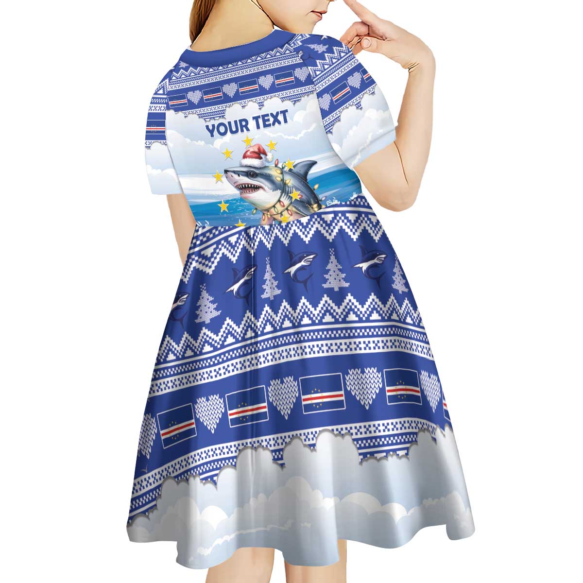 Personalized Cape Verde Football Christmas Kid Short Sleeve Dress Feliz Natal Tubaroes Azuis - Wonder Print Shop