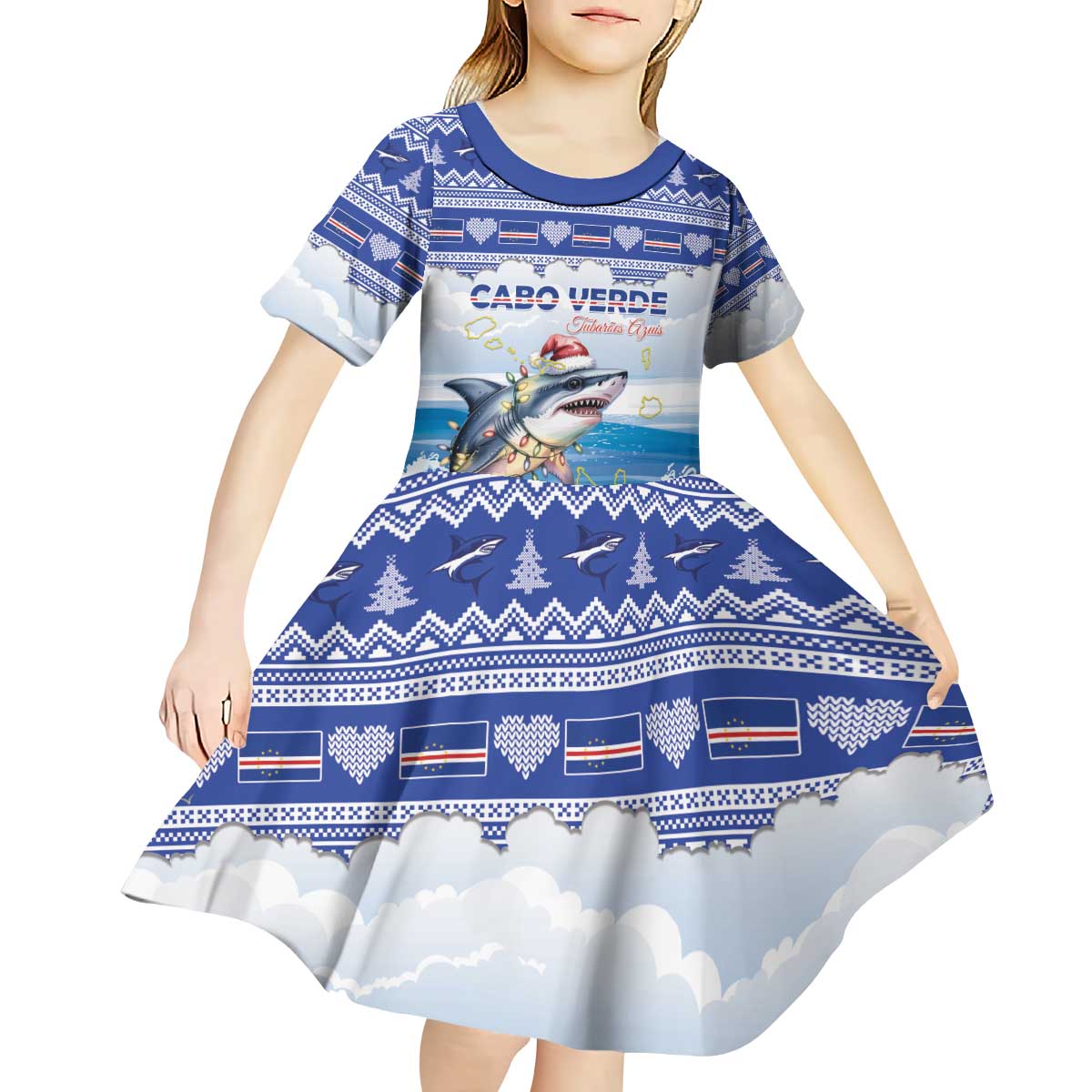 Personalized Cape Verde Football Christmas Kid Short Sleeve Dress Feliz Natal Tubaroes Azuis - Wonder Print Shop