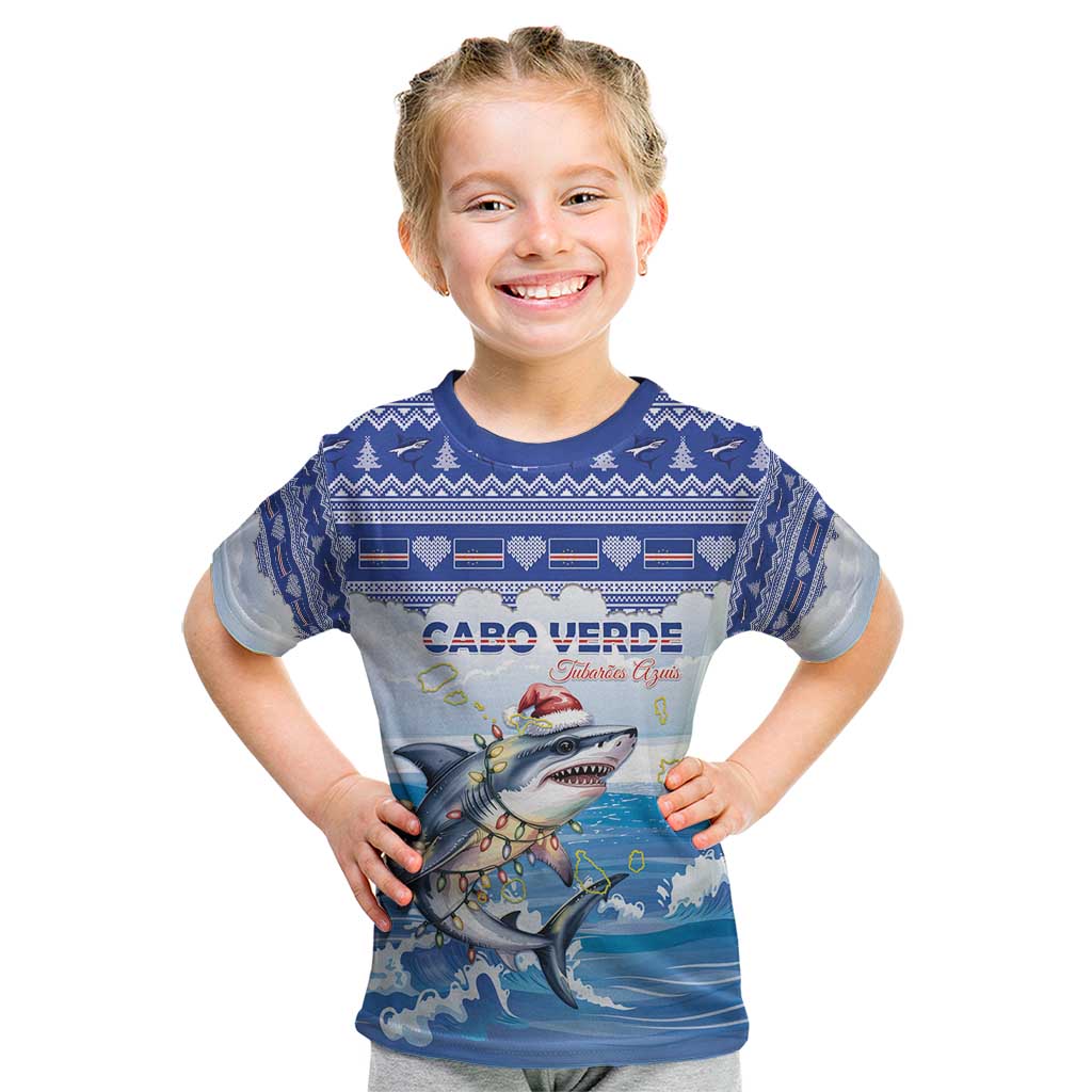 Personalized Cape Verde Football Christmas Kid T Shirt Feliz Natal Tubaroes Azuis - Wonder Print Shop