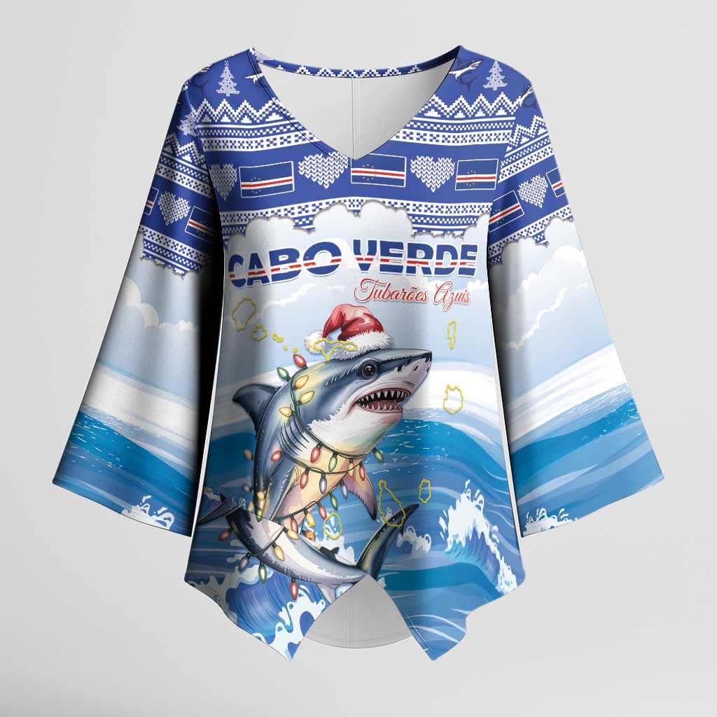 Personalized Cape Verde Football Christmas Kimono Sleeve Blouse Feliz Natal Tubaroes Azuis - Wonder Print Shop