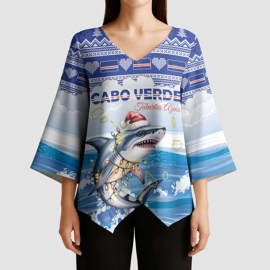 Personalized Cape Verde Football Christmas Kimono Sleeve Blouse Feliz Natal Tubaroes Azuis - Wonder Print Shop