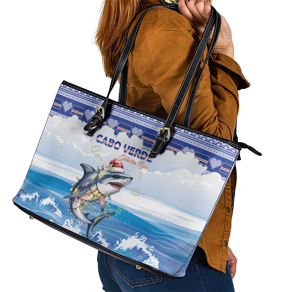 Cape Verde Football Christmas Leather Tote Bag Feliz Natal Tubaroes Azuis - Wonder Print Shop