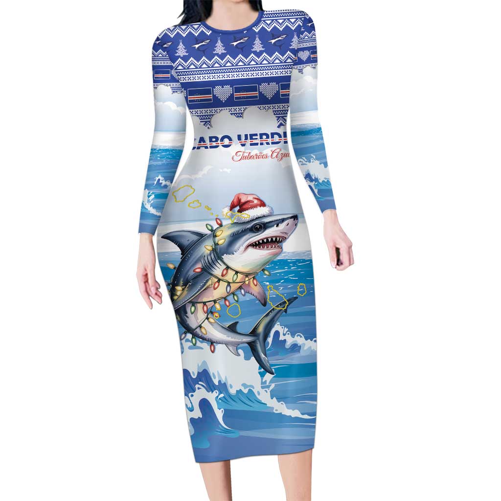 Personalized Cape Verde Football Christmas Long Sleeve Bodycon Dress Feliz Natal Tubaroes Azuis - Wonder Print Shop