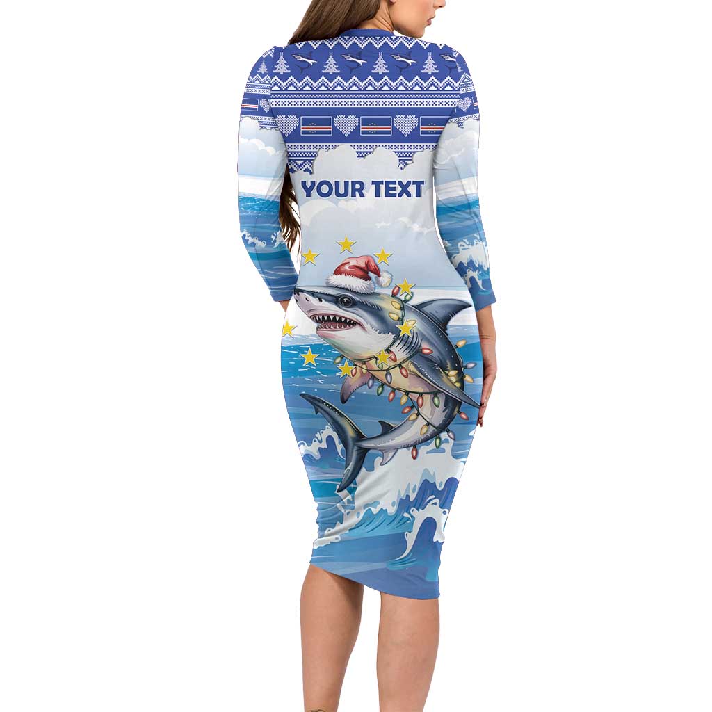 Personalized Cape Verde Football Christmas Long Sleeve Bodycon Dress Feliz Natal Tubaroes Azuis - Wonder Print Shop