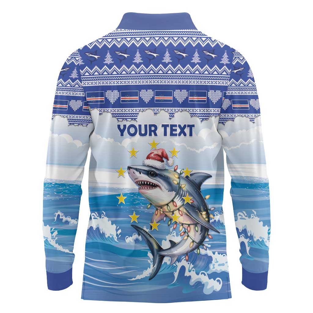 Personalized Cape Verde Football Christmas Long Sleeve Polo Shirt Feliz Natal Tubaroes Azuis - Wonder Print Shop