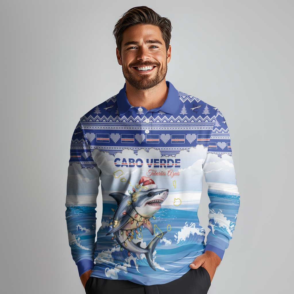 Personalized Cape Verde Football Christmas Long Sleeve Polo Shirt Feliz Natal Tubaroes Azuis - Wonder Print Shop