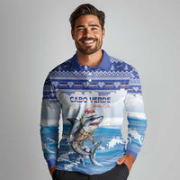 Personalized Cape Verde Football Christmas Long Sleeve Polo Shirt Feliz Natal Tubaroes Azuis - Wonder Print Shop