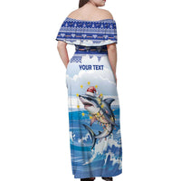 Personalized Cape Verde Football Christmas Off Shoulder Maxi Dress Feliz Natal Tubaroes Azuis - Wonder Print Shop