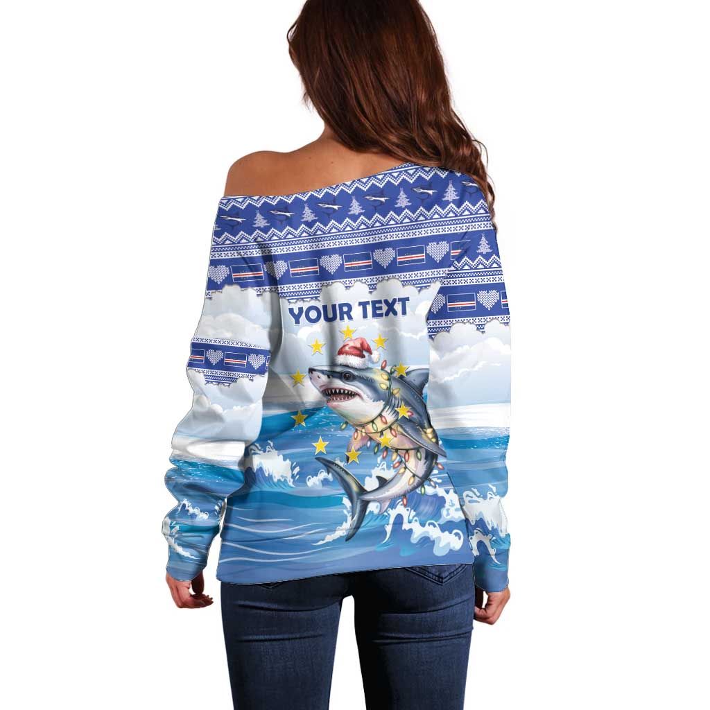 Personalized Cape Verde Football Christmas Off Shoulder Sweater Feliz Natal Tubaroes Azuis - Wonder Print Shop