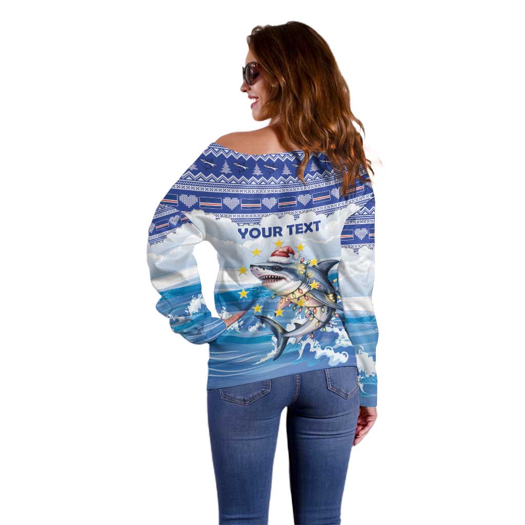 Personalized Cape Verde Football Christmas Off Shoulder Sweater Feliz Natal Tubaroes Azuis - Wonder Print Shop