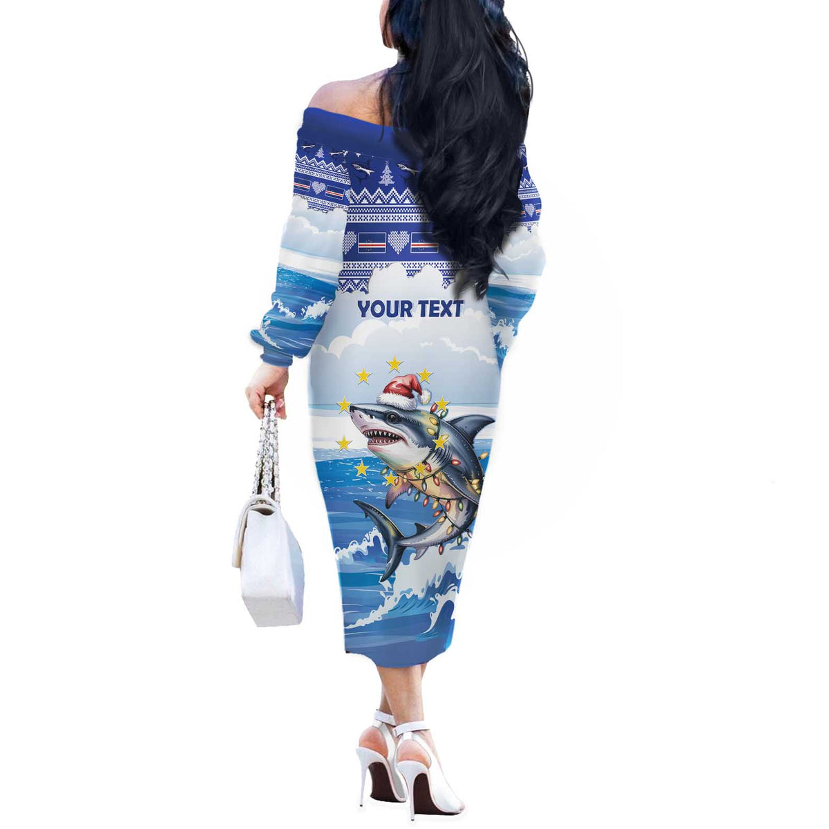 Personalized Cape Verde Football Christmas Off The Shoulder Long Sleeve Dress Feliz Natal Tubaroes Azuis - Wonder Print Shop