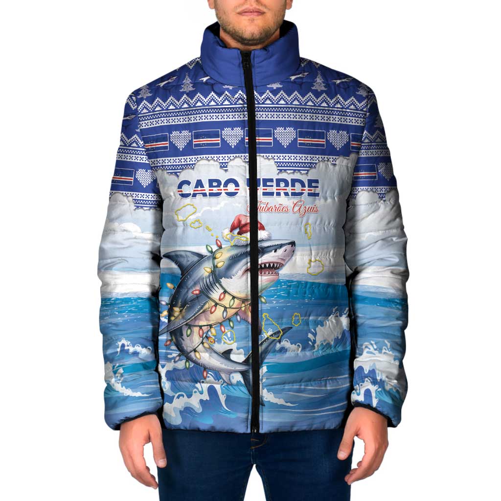 Personalized Cape Verde Football Christmas Padded Jacket Feliz Natal Tubaroes Azuis - Wonder Print Shop