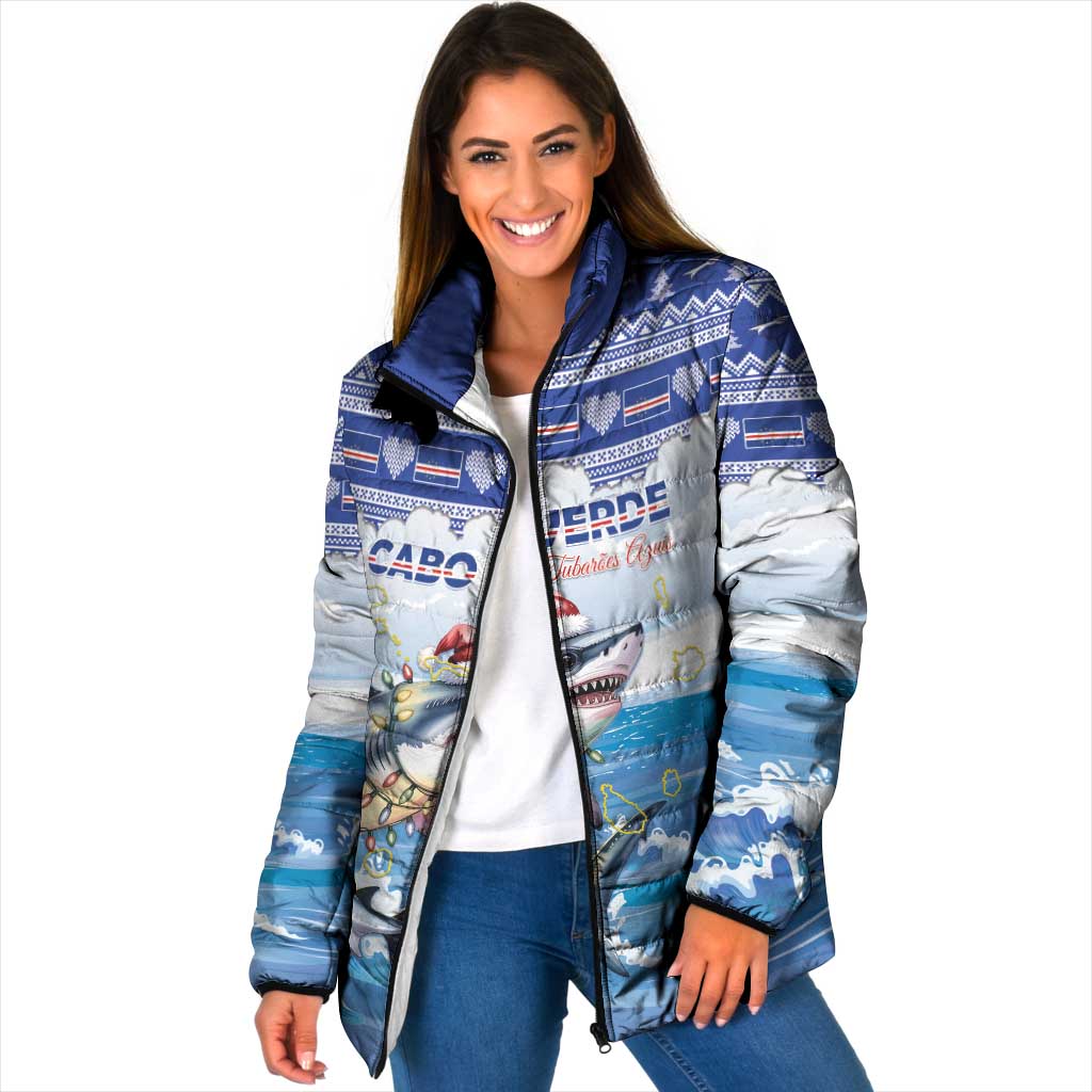 Personalized Cape Verde Football Christmas Padded Jacket Feliz Natal Tubaroes Azuis - Wonder Print Shop