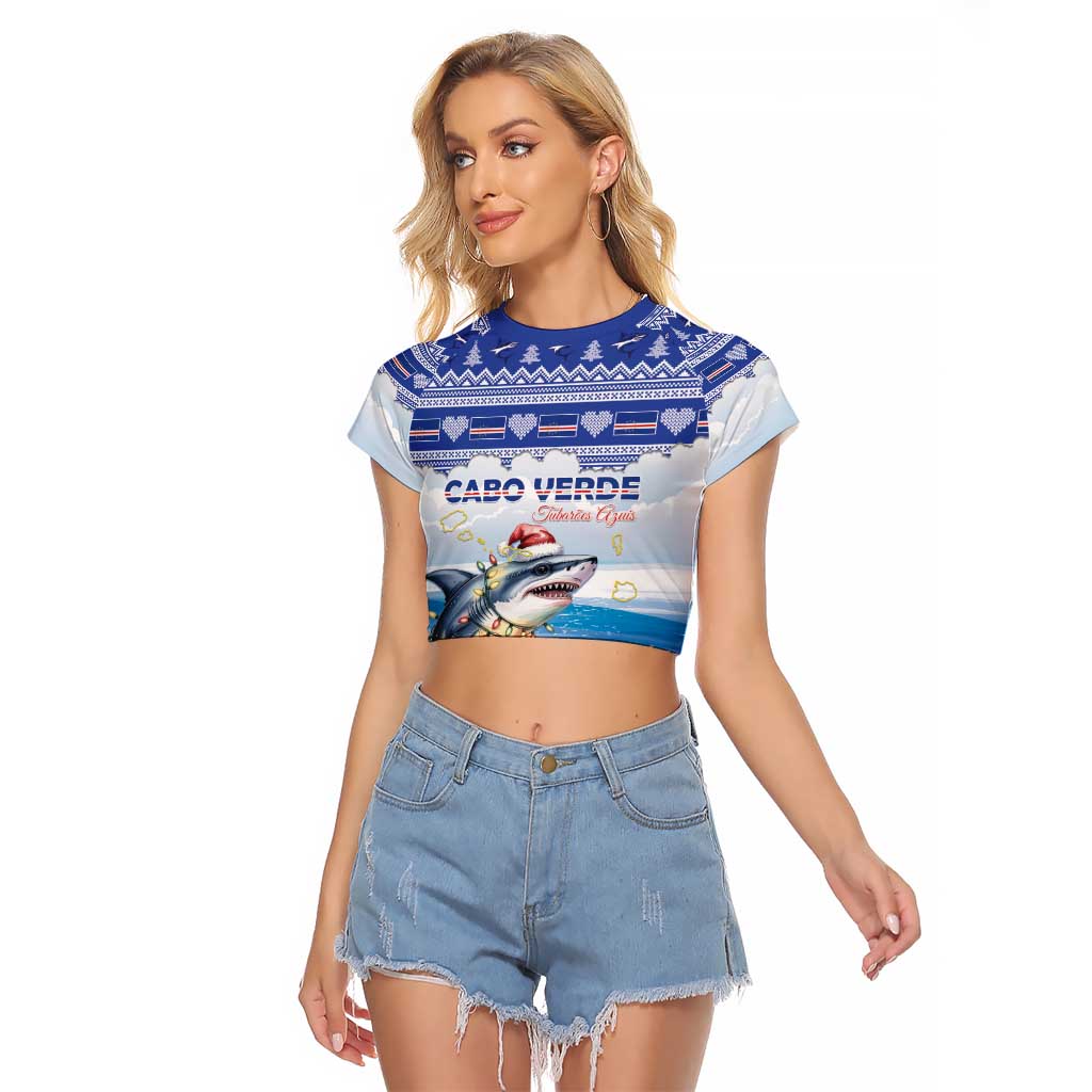 Personalized Cape Verde Football Christmas Raglan Cropped T Shirt Feliz Natal Tubaroes Azuis - Wonder Print Shop
