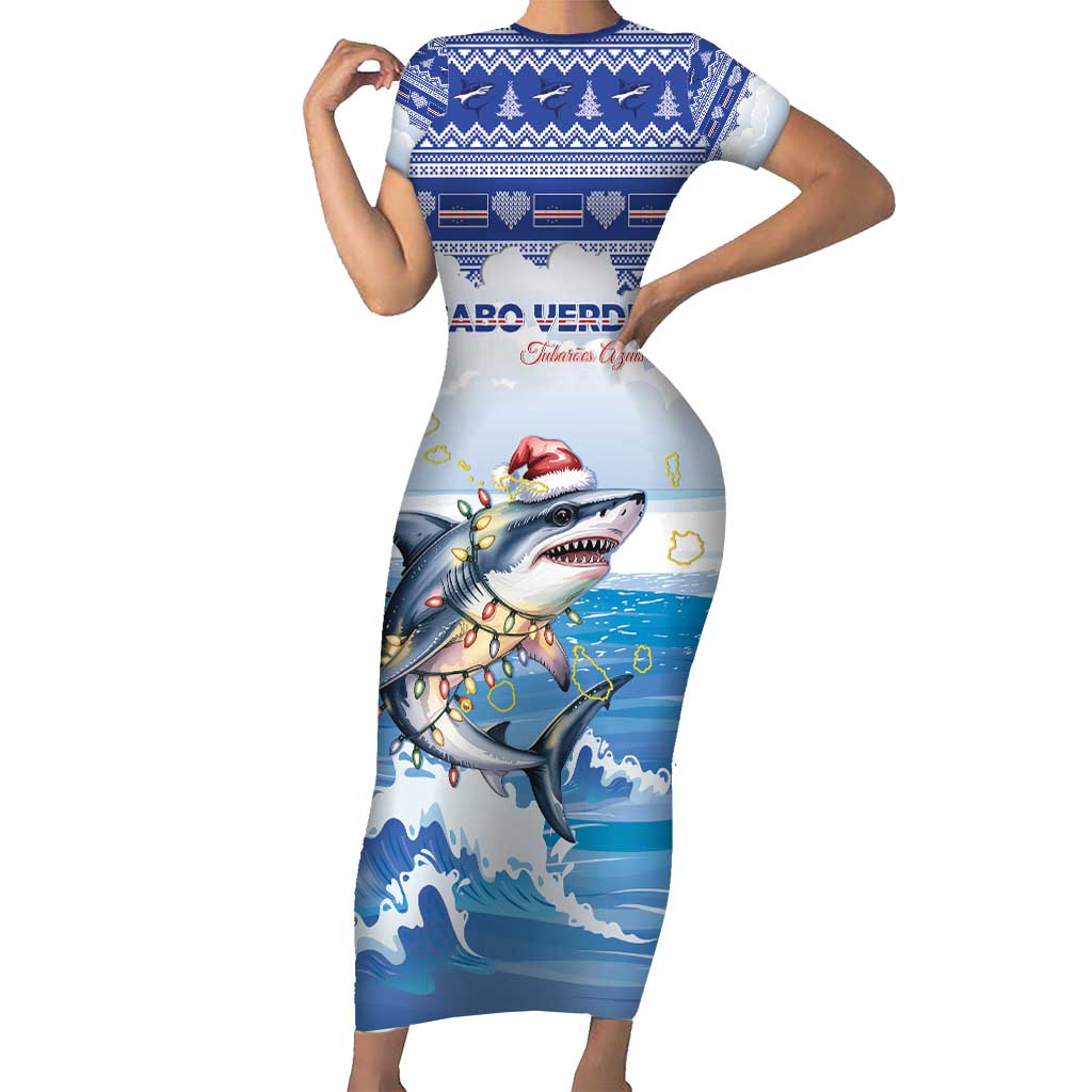 Personalized Cape Verde Football Christmas Short Sleeve Bodycon Dress Feliz Natal Tubaroes Azuis - Wonder Print Shop